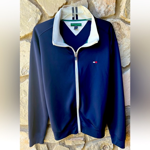 TOMMY HILFIGER Jacket‎ Size Large Navy Blue Knit Logo Zip Front Logo Excellent - Picture 1 of 7
